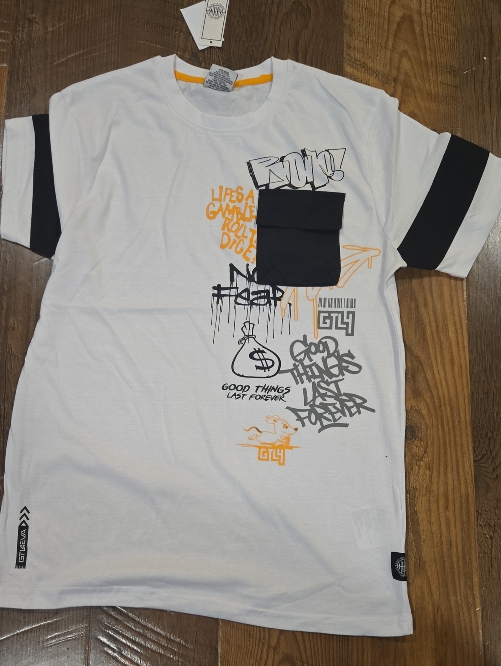 White Graphic Pocket T-Shirt with Black Accents